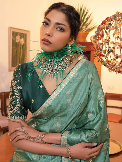 Glamorous Mint Green Zari Weaving Satin Traditional Saree With Blouse